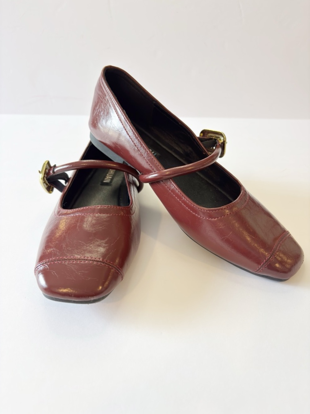 Chuhuan Mary Jane Flats Burgundy Square Toe Strap Buckle Size 37